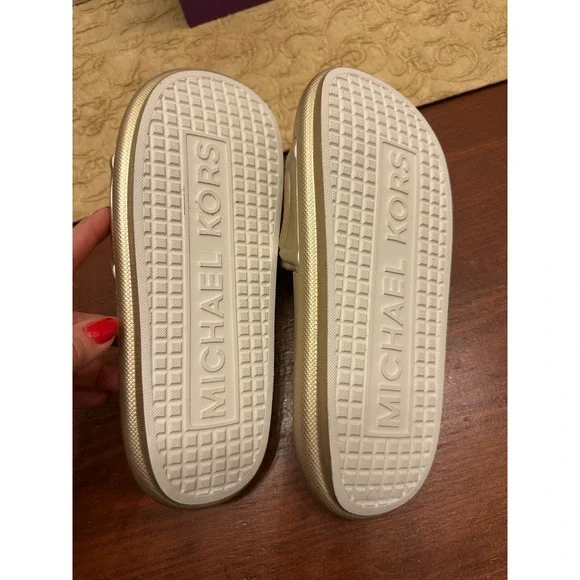 Michael Kors MK Gold White Slide Sandals Womens Size 7M EVA Upper Outsole L022L - Picture 7 of 7